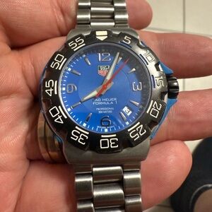 Tag Heuer Blue and Silver Sporty Watch with Luminous Hands